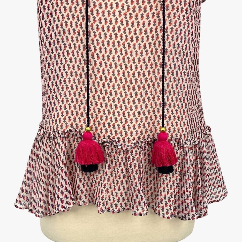 Figue Vera Tassel Top in Multi Red Ruffled Sheer Size S 100% Silk Sleeveless - Picture 3 of 9